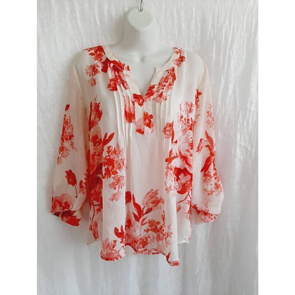 Creative commune sheer red white floral sz large pintuck blouse